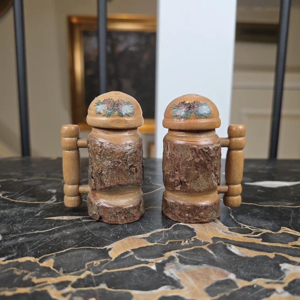 Vintage Wooden Bark Salt Pepper Shakers Mug Stein Japan - Picture 1 of 12